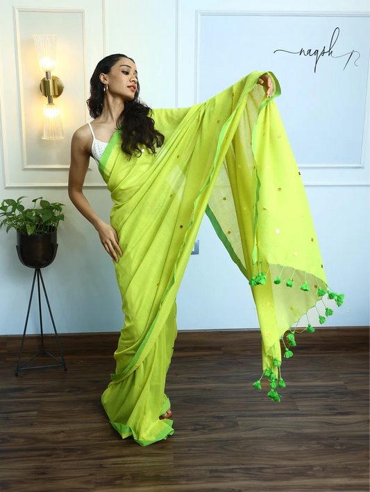 Neon Green Mul Cotton Saree